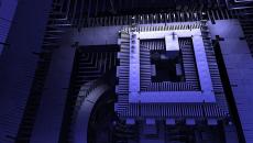 Square quantum computer components in blue.