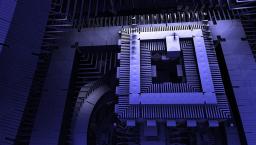 Square quantum computer components in blue.
