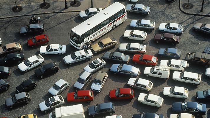 Motor vehicles stalled in a traffic jam