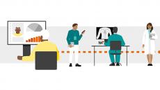 Illustration of patient looking at electronic health record and medical workers looking at images with arrow showing progression